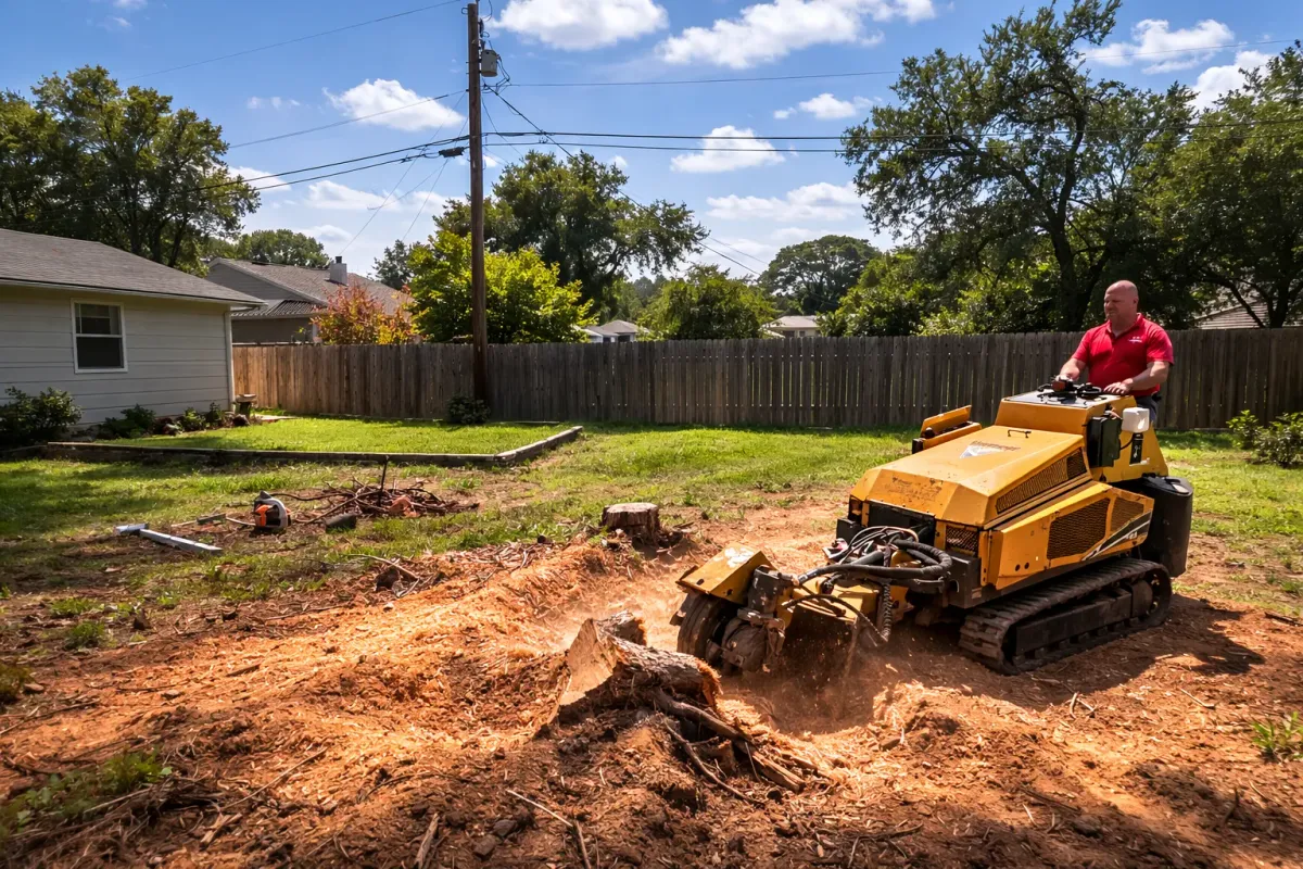 Yellow tracked stump grinder working in backyard