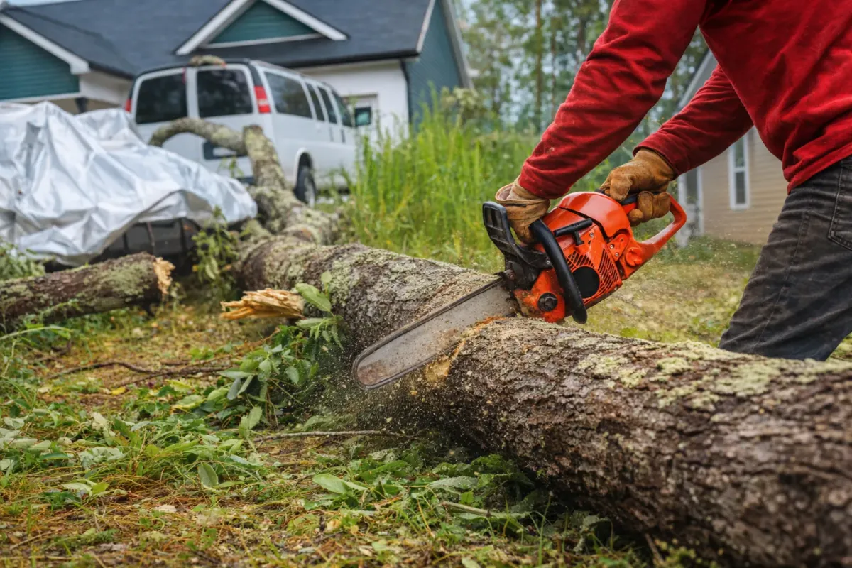 Worker with orange chainsaw cutting storm-fallen tree