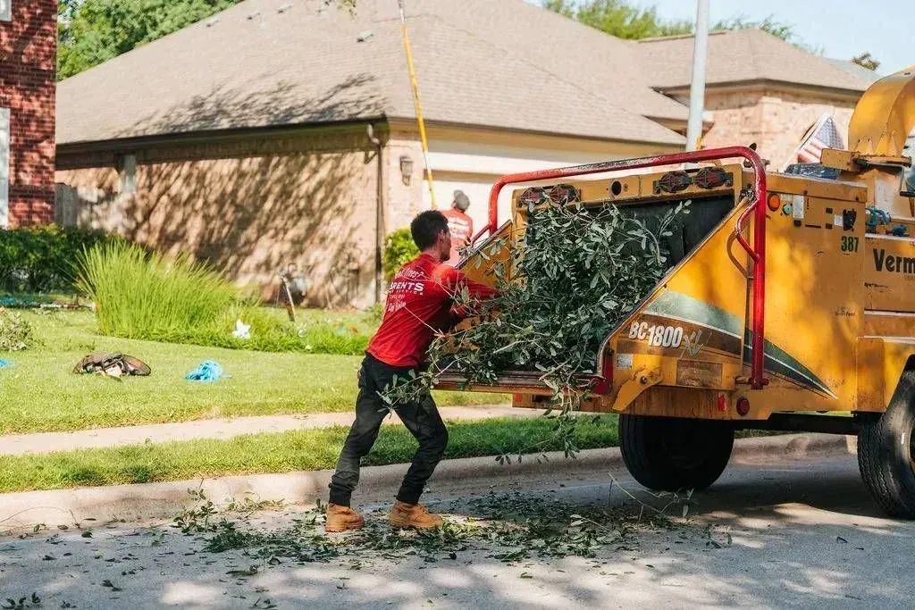 Crew feeding branches into wood chipper on street
